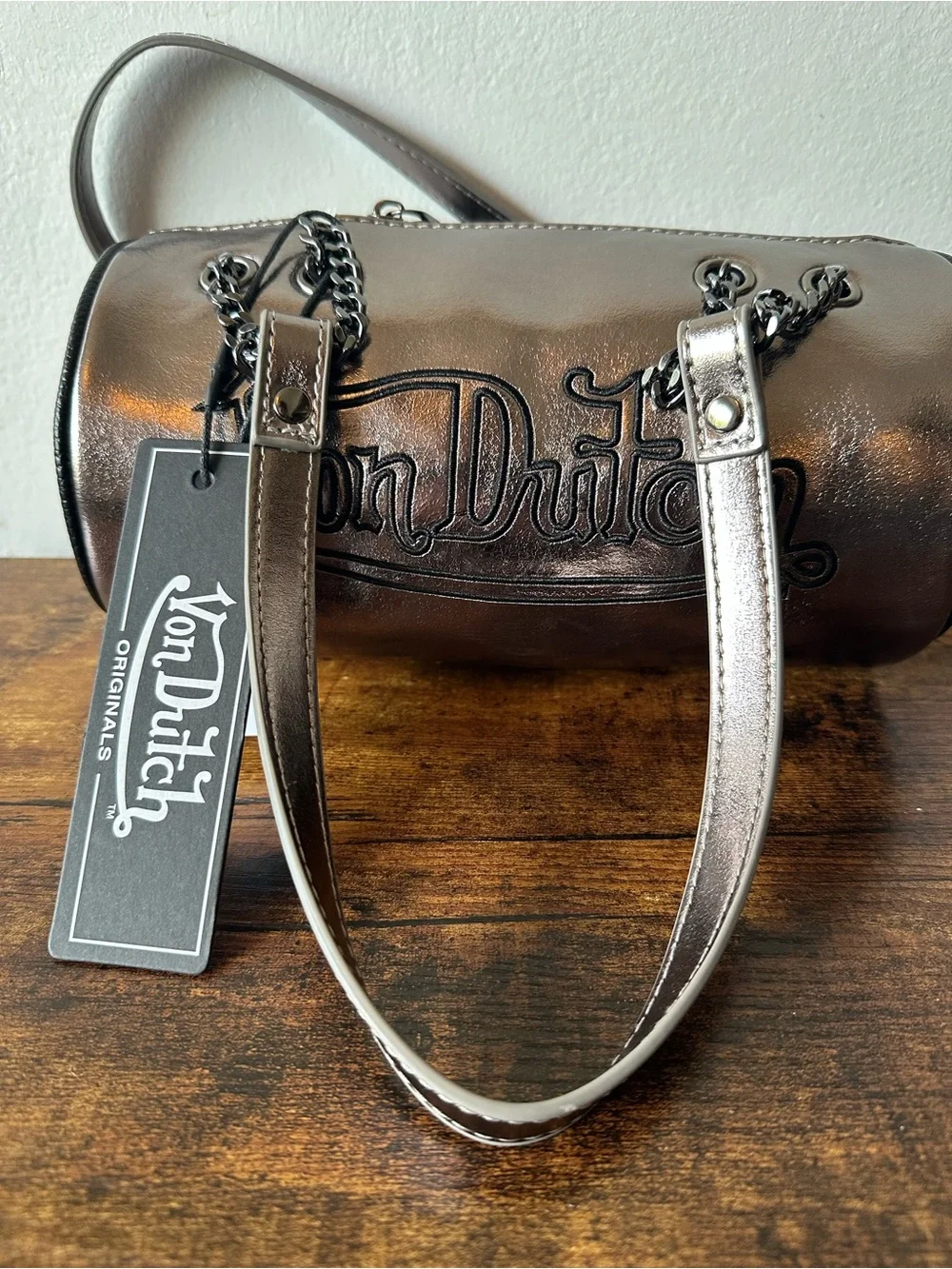 Von Dutch Metallic Barrel Shoulder Bag with Black Embroidered Logo, Chain NWT